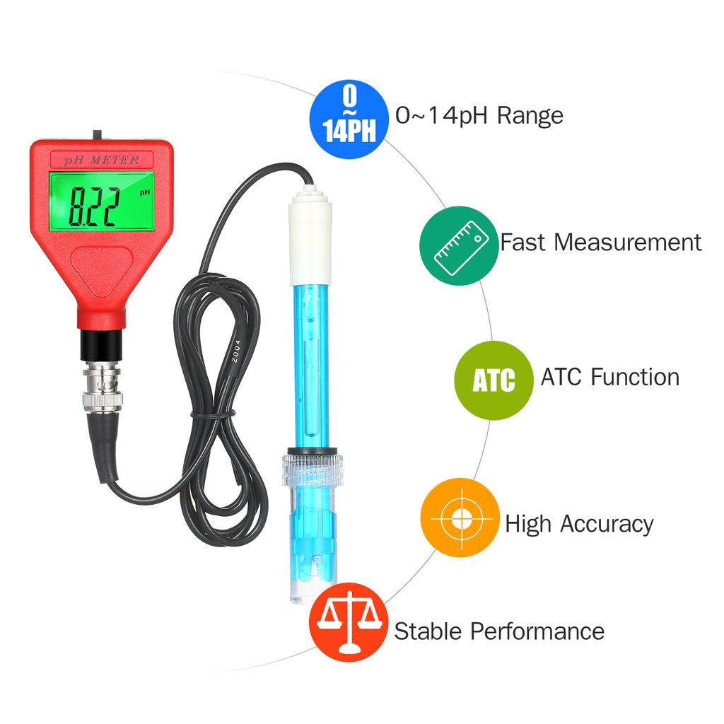 pH Meter 0-14pH Measurement Range Water Quality Tester 1.5-inch LCD PH Pen with Green Backlight for Water Brewing Food Sauce