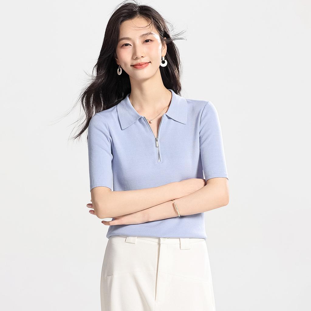 Short sleeved T-shirt with mulberry silk, polo collar, knitted sweater, women's summer high-end feeling, women's T-shirt, thin top