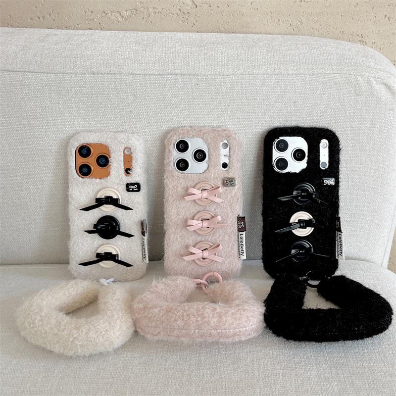 Winter Velvet 3D Bow Button Phone Case for iPhone 17/16 Pro Max/15/14