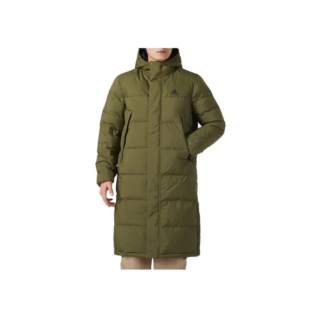 adidas Giacca imbottita con cappuccio a tinta unita con stampa logo a lettere, lunghezza media, unisex, capospalla, verde militare HZ2598