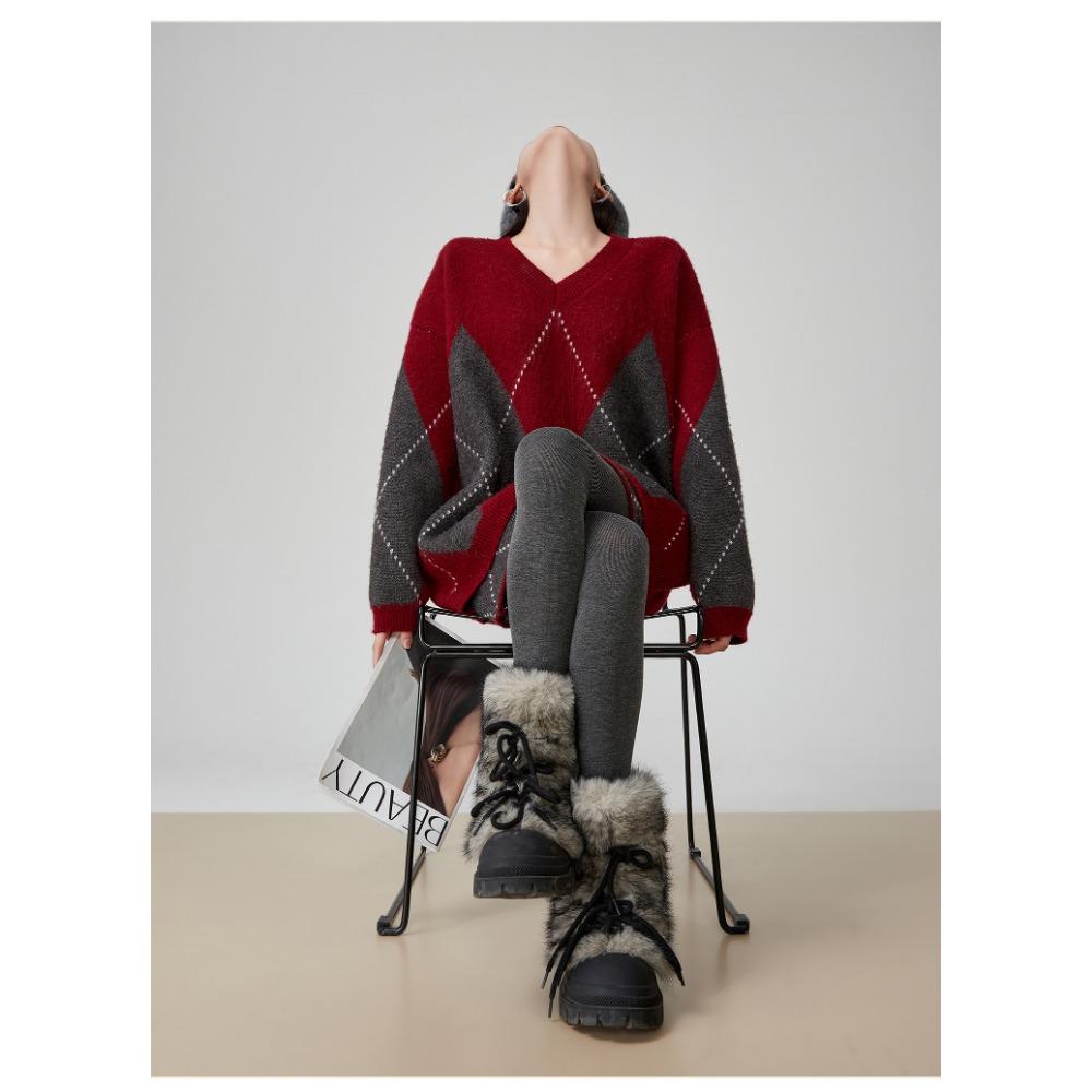 DIMANAF 2025 Plus Size Autumn Women plaid New Sweaters V-neck Knitting Basic Fashion O-Neck Style Loose Red Pullover Sweater