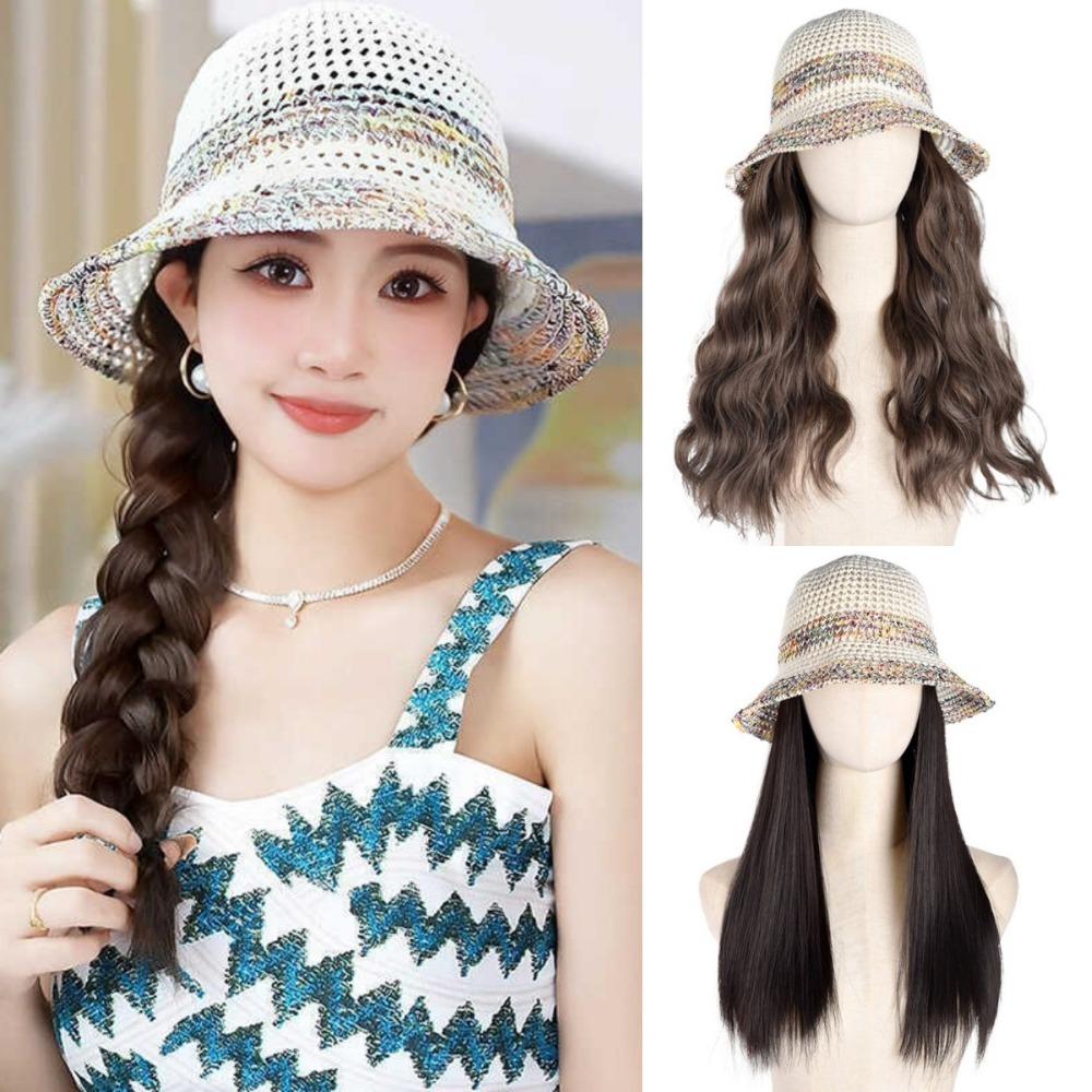 

Bucket Hat Fisherman Hat Wig Rainbow Woven Summer Sunshade Cap Wig Casual Straight-Dark Brown