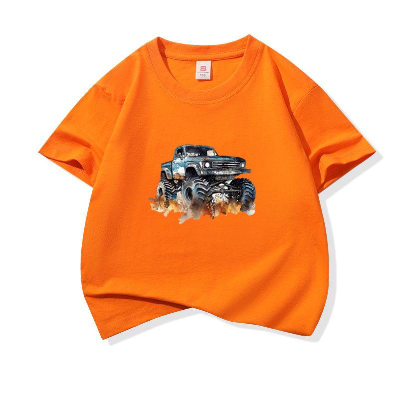 Kids Cotton T Shirt Trendy Watercolor Offroad Car Print Crew Neck Short Sleeve Tee Casual Boys Girls Summer Tops