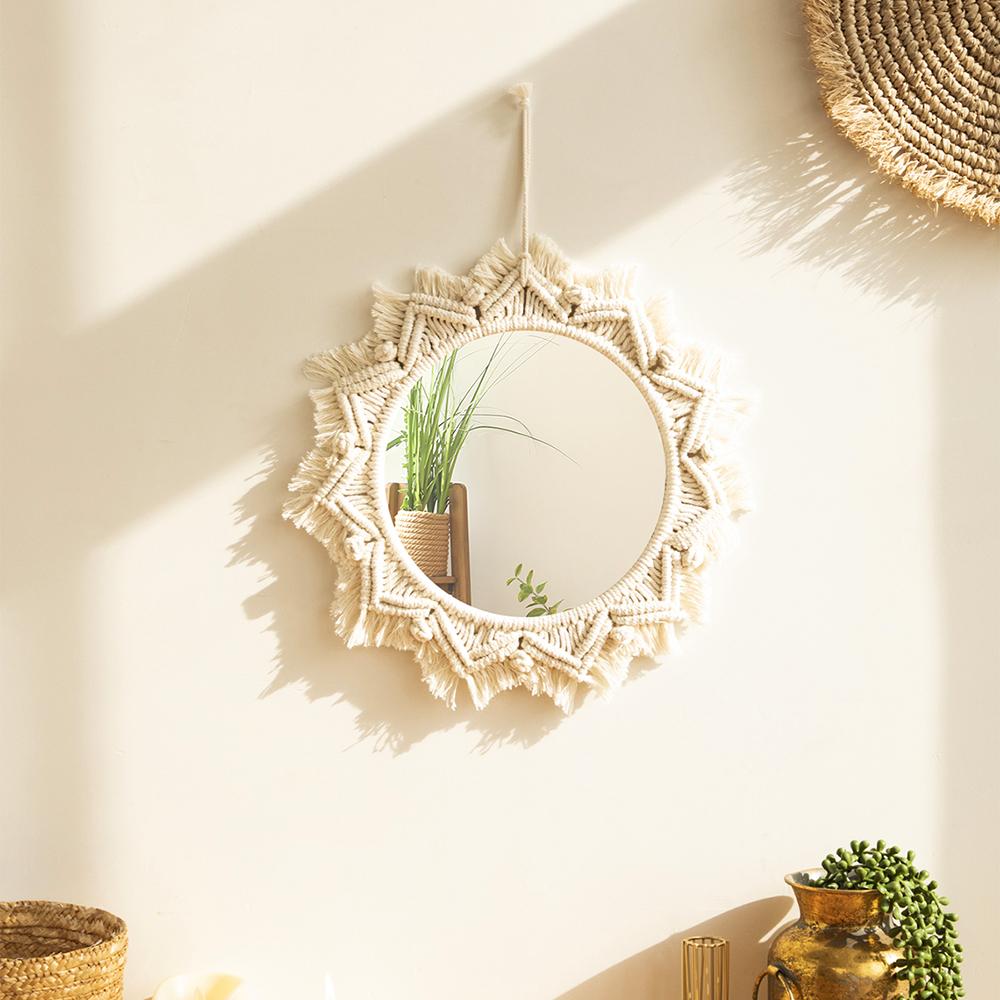 Boho Decorative Mirrors Macrame Round Mirror Aesthetic Room Decor Hanging Wall Mirror for Bedroom Living Room House Decoration