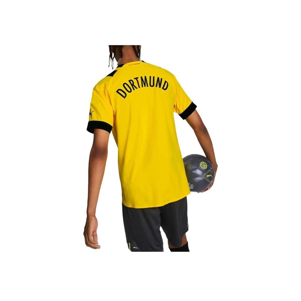 Puma Borussia Dortmund Home Vertical Stripe Letter Print Crew Neck Short Sleeve Soccer Jersey Men Tops Yellow 76588201