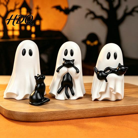 Halloween Ghost And Black Cat Figurine Ornament Hugging A Sculpture Cute Resin Ornament for Home Decor Unique Figurine Bedroom Entrance Display