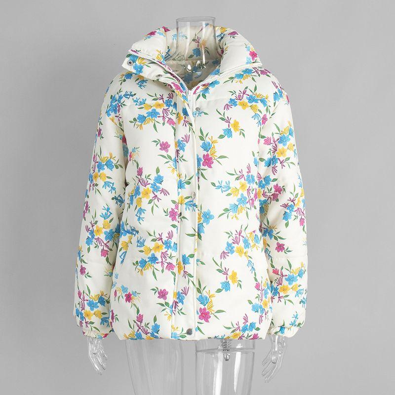 

European and American Fresh Cotton-padded jacket Stand Collar Zip-up Floral Warm Cotton-Padded Jacket Outerwear Printed Cotton Jacket White L