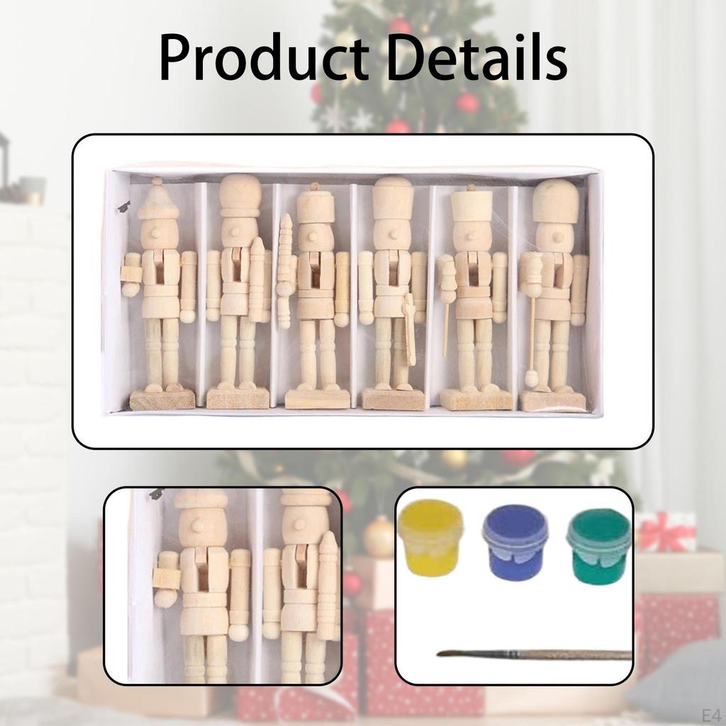 6 Pieces DIY Wooden Christmas Nutcrackers Desktop Ornaments Paintable Kids Crafts