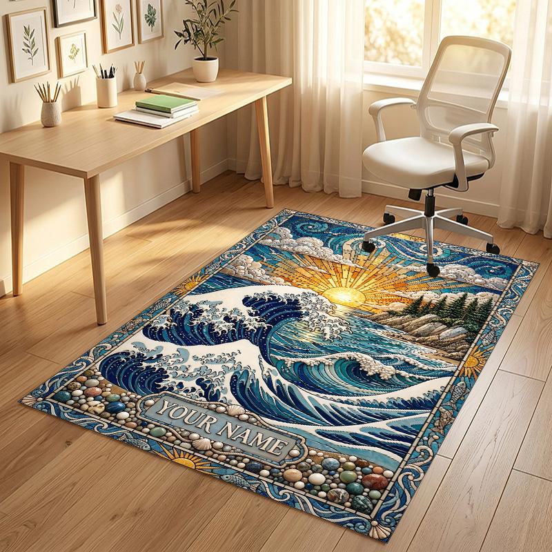 Ocean Waves Theme Soft Crystal Velvet Rug Custom Name & Text Print Non Slip Floor Rug for Bedroom Living Room