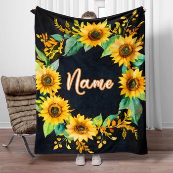 Custom Name Sunflower Theme Fleece Blanket, Suitable for Sofa, Bed, Birthday, Children, Girls, Friends, Gifts