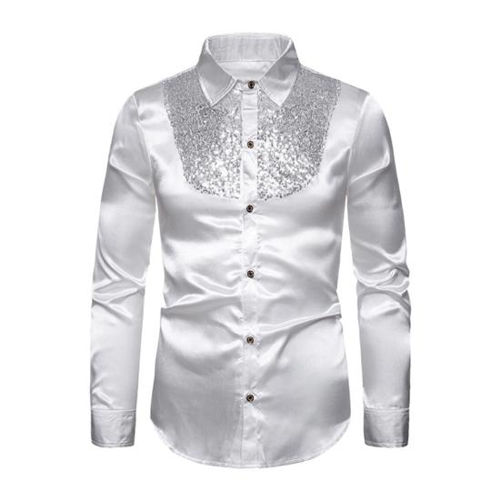 

Мужская однотонная рубашка с длинными рукавами и блестящими блестками на пуговицах, деловая рубашка для ночного клуба M белый