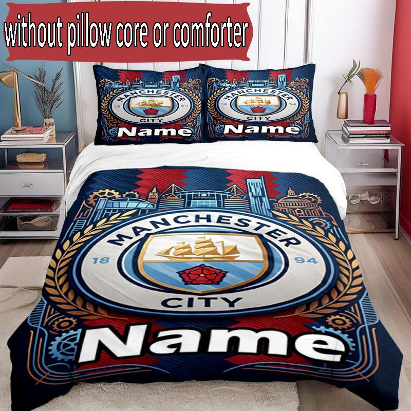 3pcs Duvet Cover Set (1*Duvet Cover + 2*Pillowcase, Without Core), Custom Name Manchester City Pattern Bedding Set, Home Bedroom Decor Gift