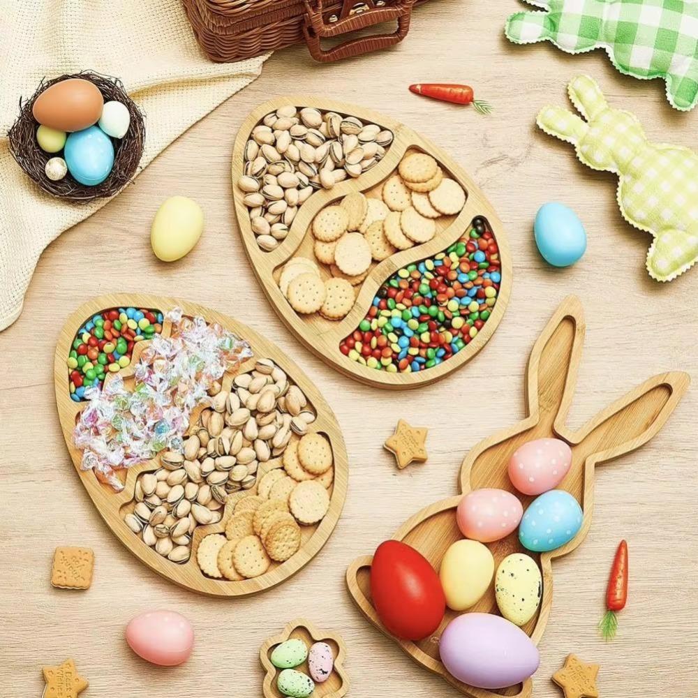 Wooden Easter Egg Shape Tray Cartoon with Compartments Food Display Plate Decorative Durable Bunny Snack Serving Tray Jewelry