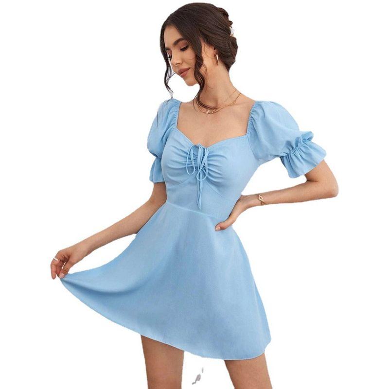 New Pullover Skirt Blue Square Neck Retro Solid Dress Dress