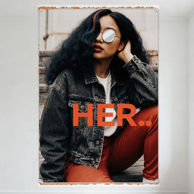 

Stylish Woman with Wavy Dark Blue Hair Red Pants Round Sunglasses Metal Tin Sign Vintage Wall Decor for Bar Pub Home 8x12 Inch 20x30cm（7.8x11.8inch）