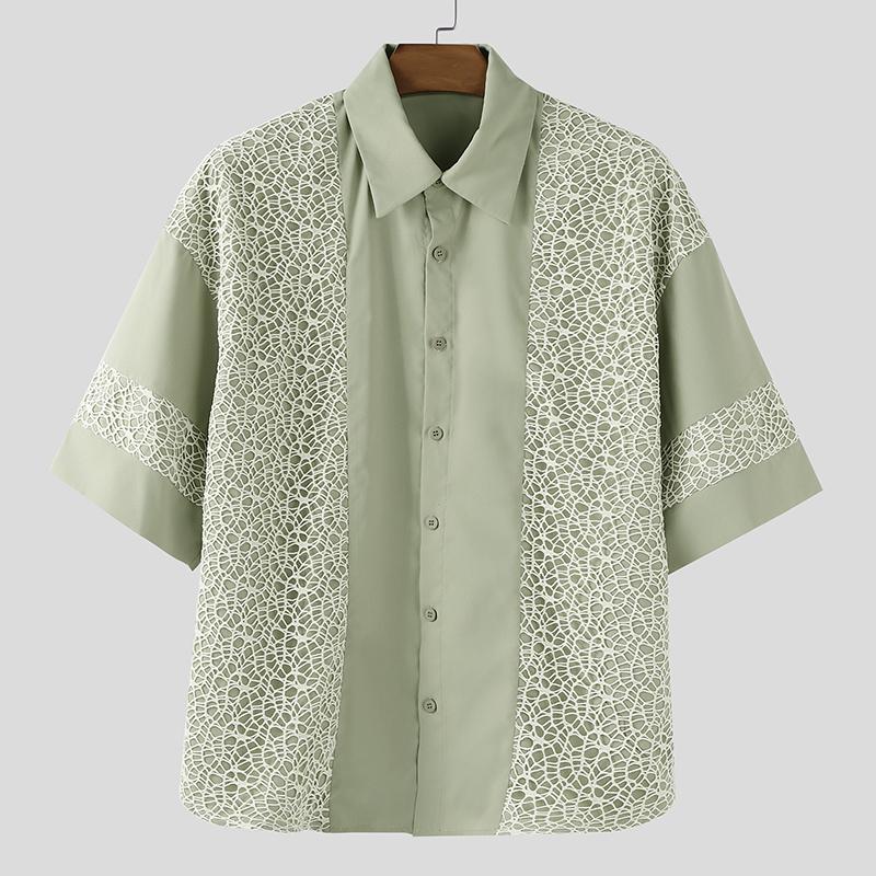 INCERUN Oversized Men Lapel Neck Short Sleeve Crochet Casual Loose Shirts