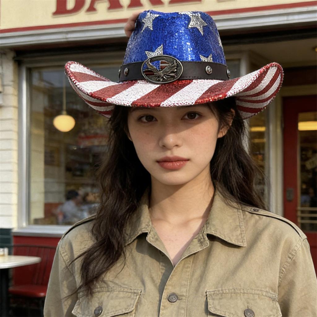 Fashionable Cowboy Hat with American Flag Design and Sequin Stars - Perfect for Parties Events and Everyday Wear for Men and