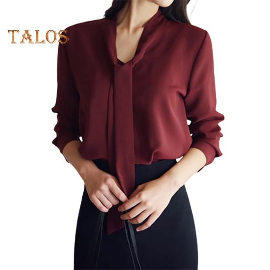 Camisa de verano para mujer, cuello en V, cuello con cordones, manga larga, jersey, tops de color liso, corte holgado, tops de oficina para mujer, ropa de trabajo
