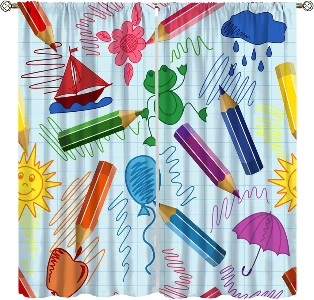 Abc Alphabet Curtains, Cartoon Toddler Colourful Animals Numbers Colours Classroom Learning Windows Treatments Drapes For Kids