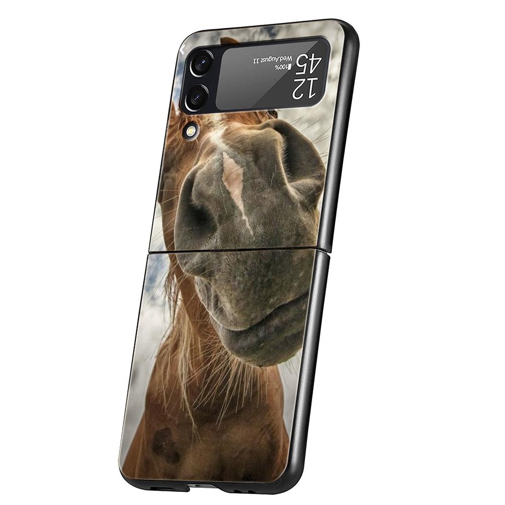 Luxury Phone Case For Samsung Galaxy Z Flip 3 4 5 6 Hard Black Folding PC For Samsung Z Flip3 Flip4 Flip5 Cover Horse Animal