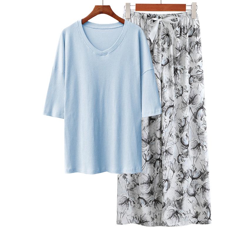 Sommer Damen Pyjama Sets Modal Kurzarm T-Shirts und Weitbein Hosen Heiß Lässig Homewear 2-teiliges Anzug Damen Nachtwäsche