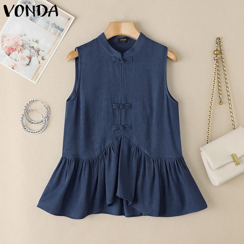 

VONDA Женские летние топы без рукавов на пуговицах, винтажные, с неровным низом, повседневные, с оборками 5XL темно-синий