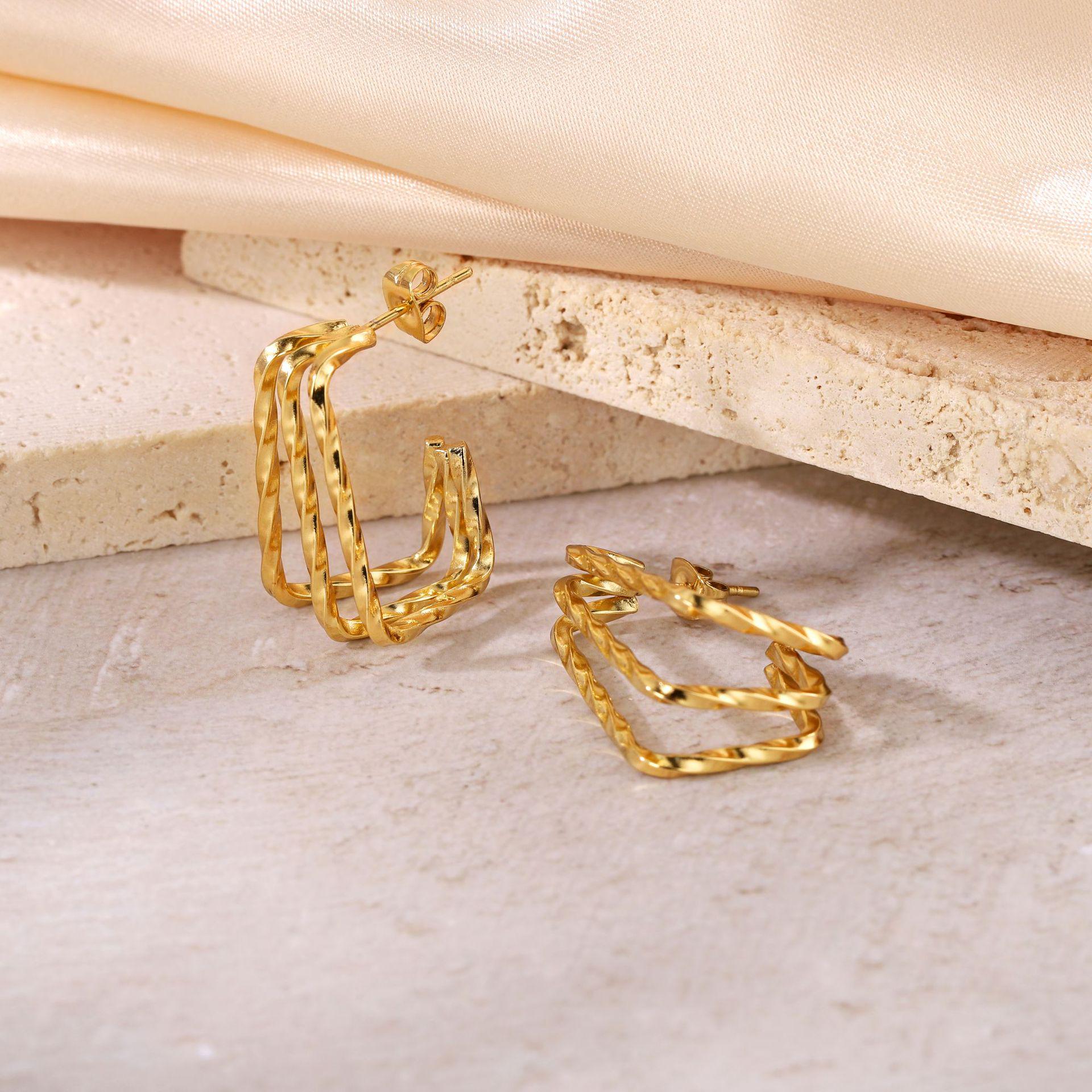 2025 Luxury Multi-layer Twisted Square Texture Earrings - Titanium Steel, High-end European & American Style, Colorfast