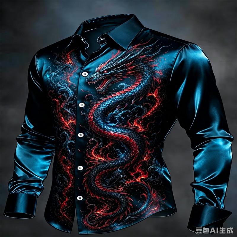Camicia da Uomo di Lusso in Raso Stampa Drago Cinese Totem di Fuoco Manica Lunga Camicie Button-Up Streetwear Festa Formale Casual Blusa Maschile