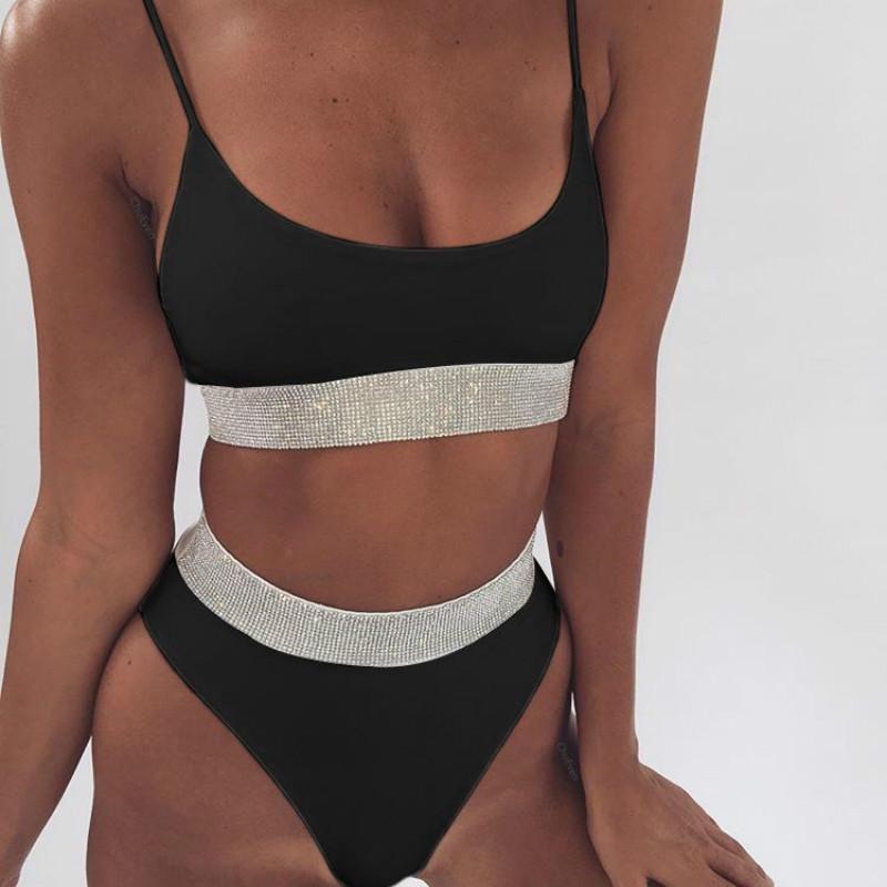 Sexy Twopiece High Waist Bikini Swimsuit Lady Beach Color Sequins Solid