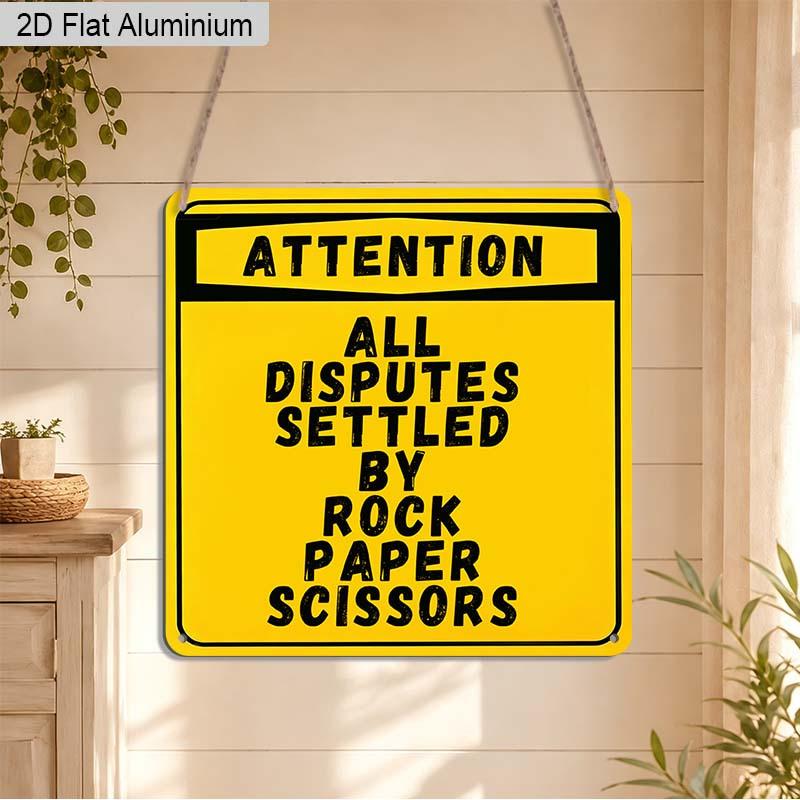 2D Flat 1pc Funny Yellow Warning Metal Aluminum Hanging Plaque, "Attention All Disputes Settled By Rock Paper Scissors" Sign, Aluminum Sign for