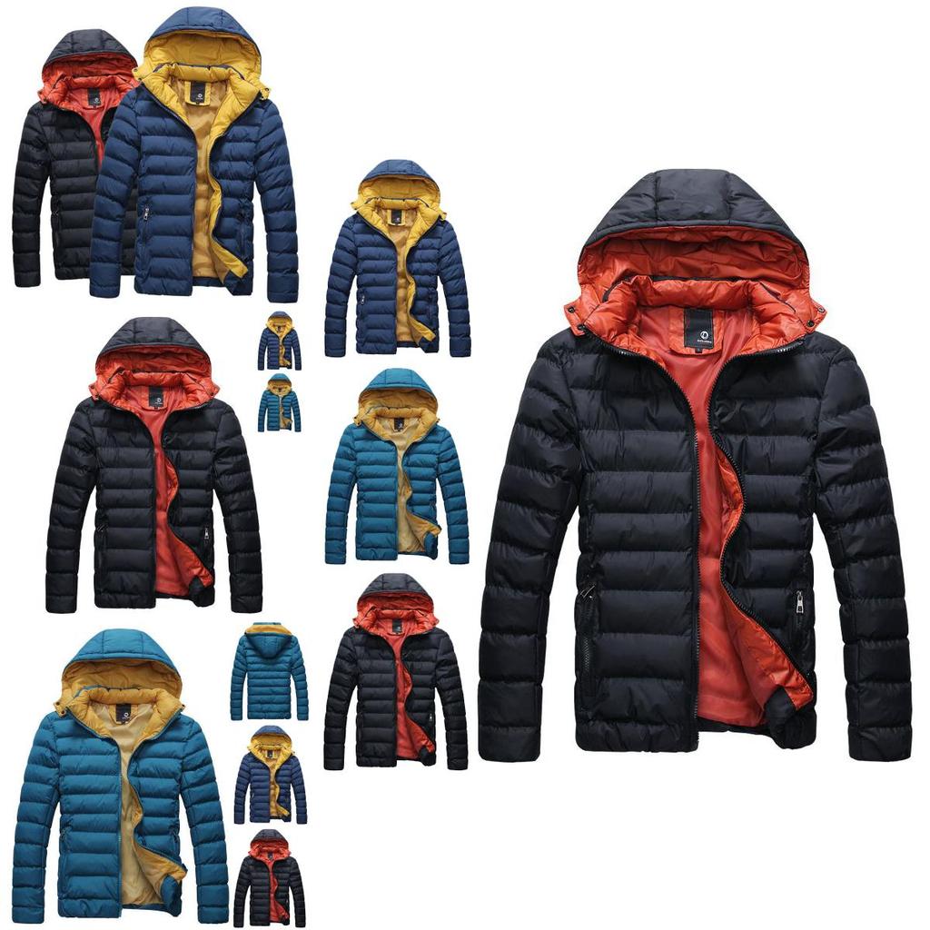 Men's Winter Warm Hooded Thick Padded Jacket With Stylish Stand Collar And Zipper Pockets