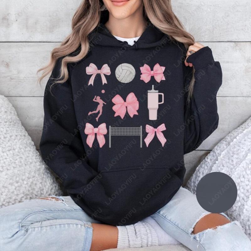 Coquette Pink Bow Volleyball Hoodie Cute Sports Mom Gift Girl Mama Shirt Funny Cottagecore Mothers Day Gift Volleyball Mom Shirt XL