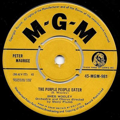 7inch Record SHEB WOOLEY - The Purple People Eater 45MGM981 MGM Records 1958 UK Rock Used