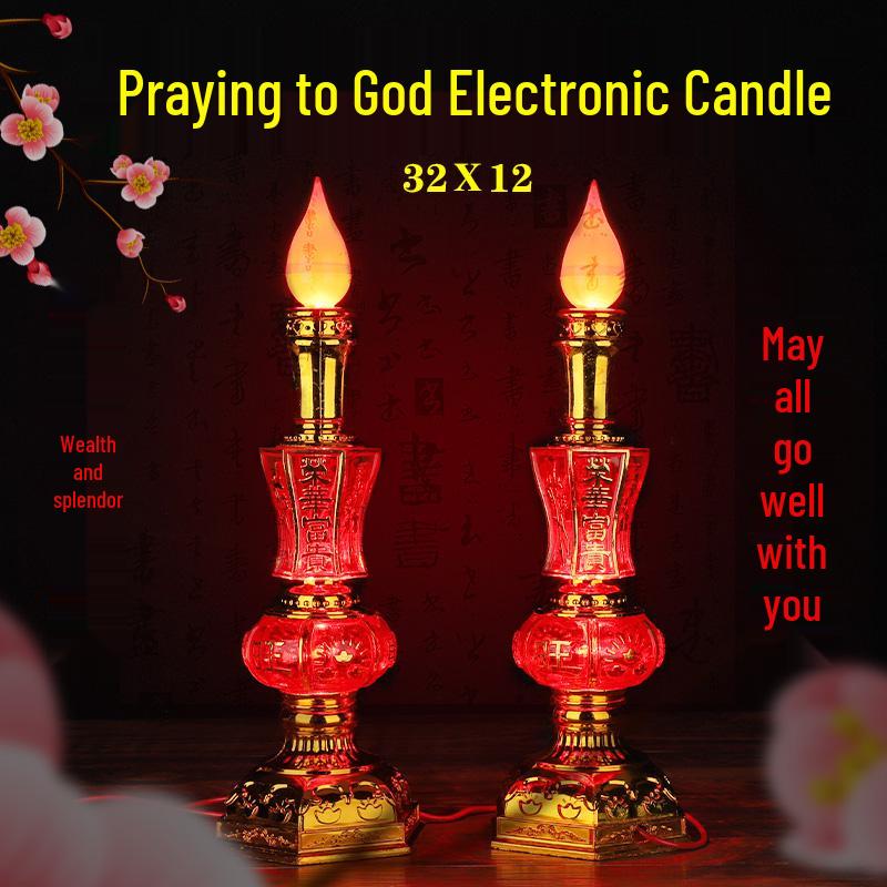 Electric Candlestick for Buddhist Offerings, Ever-Burning Candle Lamp for Wealth God, Household Offering Pair
