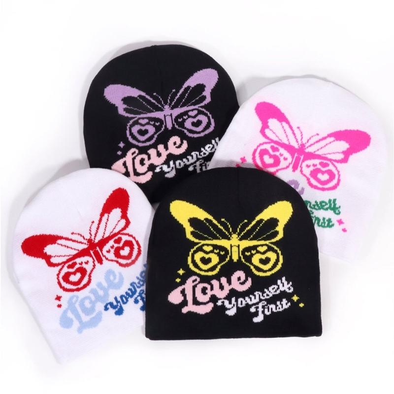 2000s Butterfly Pattern Knitted Hat Streetwear Design Breathable Acrylic Fibre Hat For Outdoor Music Festival Daily Use
