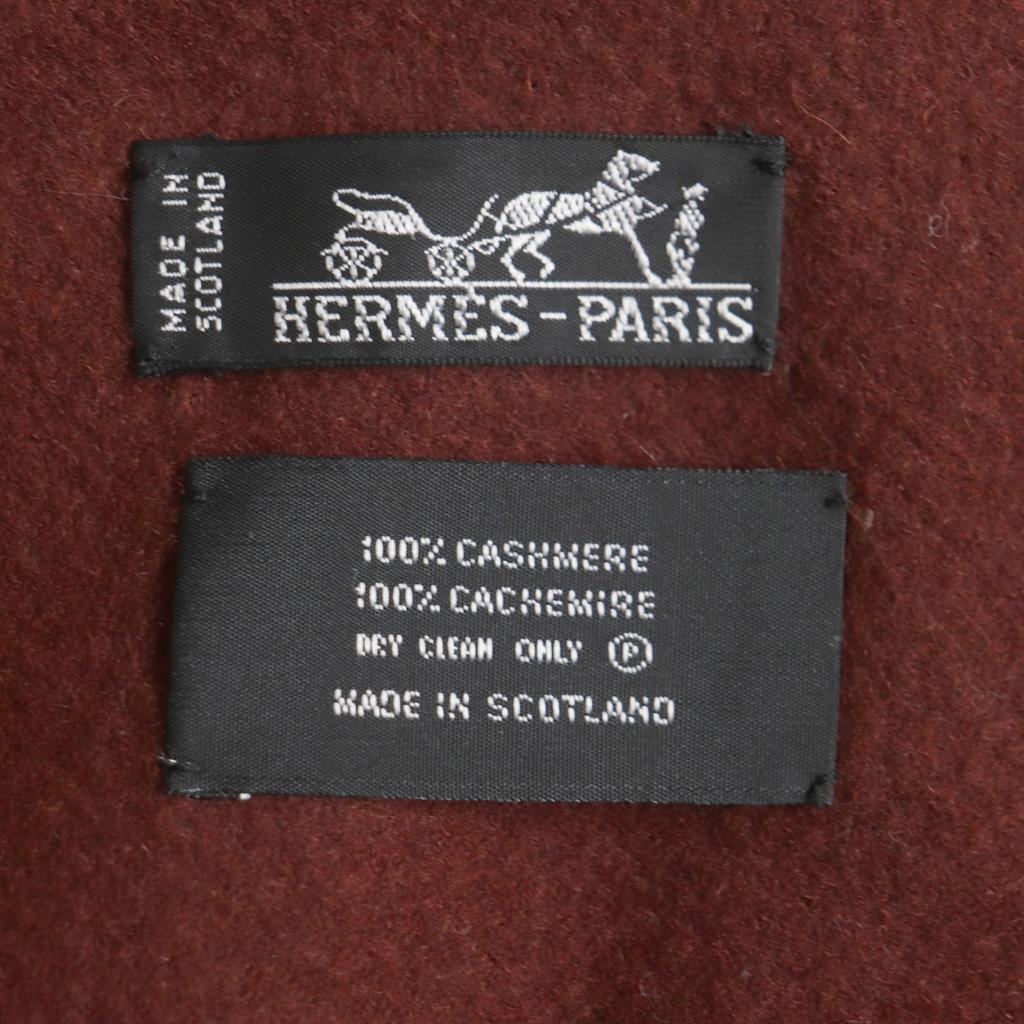 HERMES Scarf Large scarf with embroidered logo and fringe Redbrown cashmere mens Used