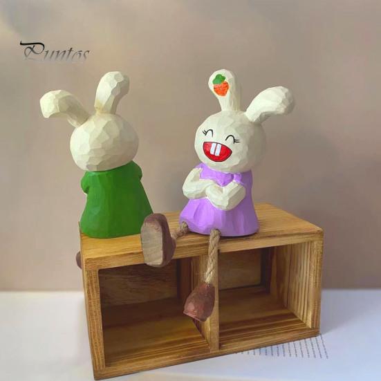 Healing Style Room Accents Leggy Rabbit Figurine Ornament, Handcrafted Basswood Desktop Sitting Small Animal Collectibles Bunny, Creative Ornament for