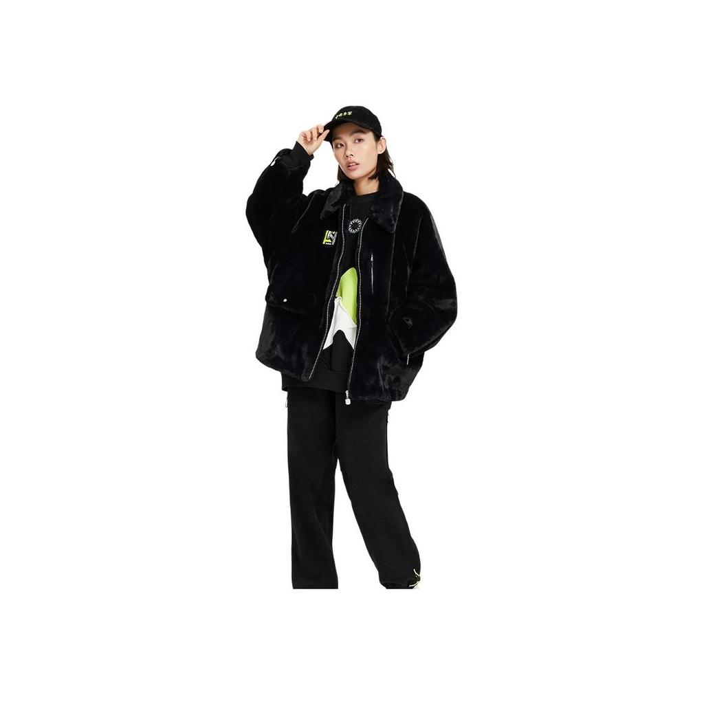 Li Ning Logo Print Solid Color Zipper Loose Jacket Women jackets Black AFDSB44-3