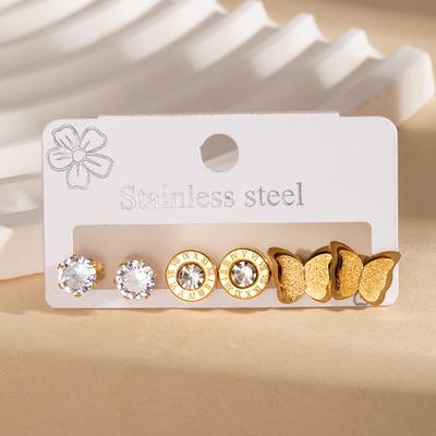 Exquisite Stainless Steel Cubic Zirconia 3 Pairs Stud Earrings Set Roman Numeral Evil Eye & Crystal Butterfly Designs Jewelry