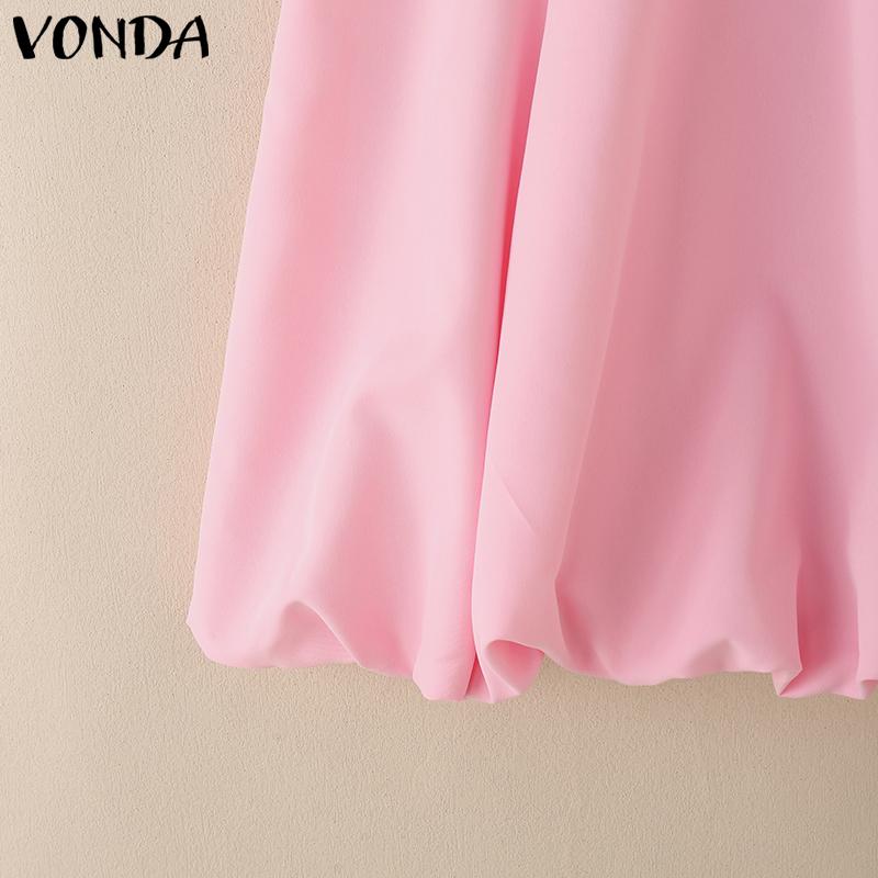 VONDA Women Sleeveless Dress Casual V Neck Bow Knot Crochet Hem Ruffled Mini Dresses