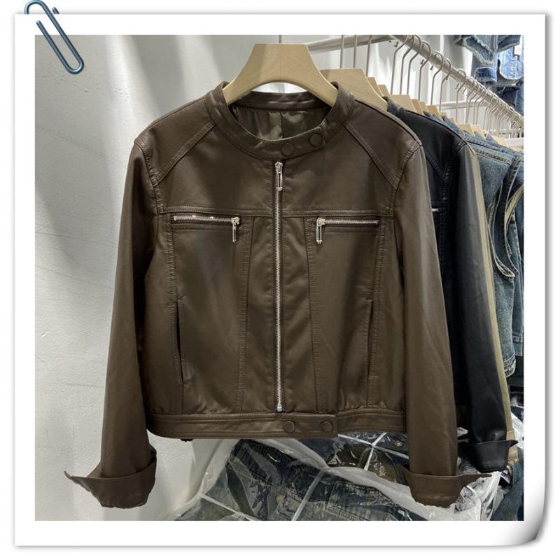 Leather Jacket Women's Autumn Clothing New Small Stand-up Collar Trendy Cool Foreign Style Niche Short Washed Locomotive Leather Jacket Trendy