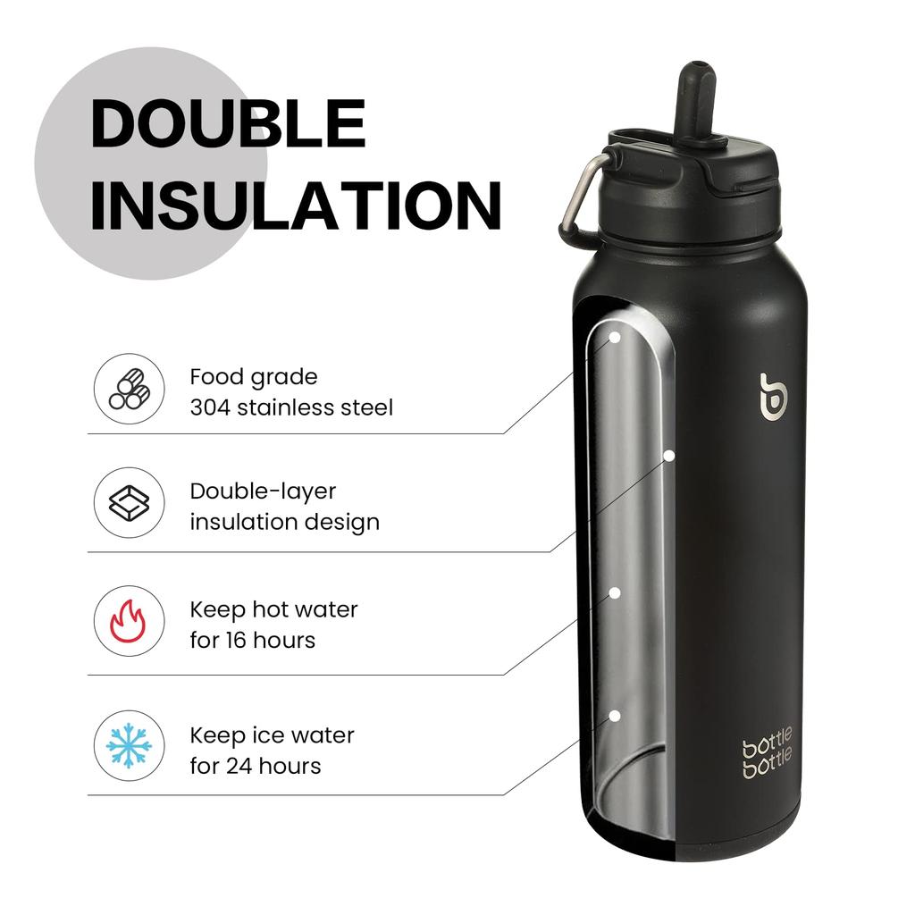BOTTIGLIA BOTTIGLIA Acqua 1 Grande Bottiglia Inox con Thermos Sportiva Nera, Litro, Capacità, Acciaio, Prova, Coperchio a 2 Vie, Ragazze, Ragazzi, Adulti, Cannuccia,