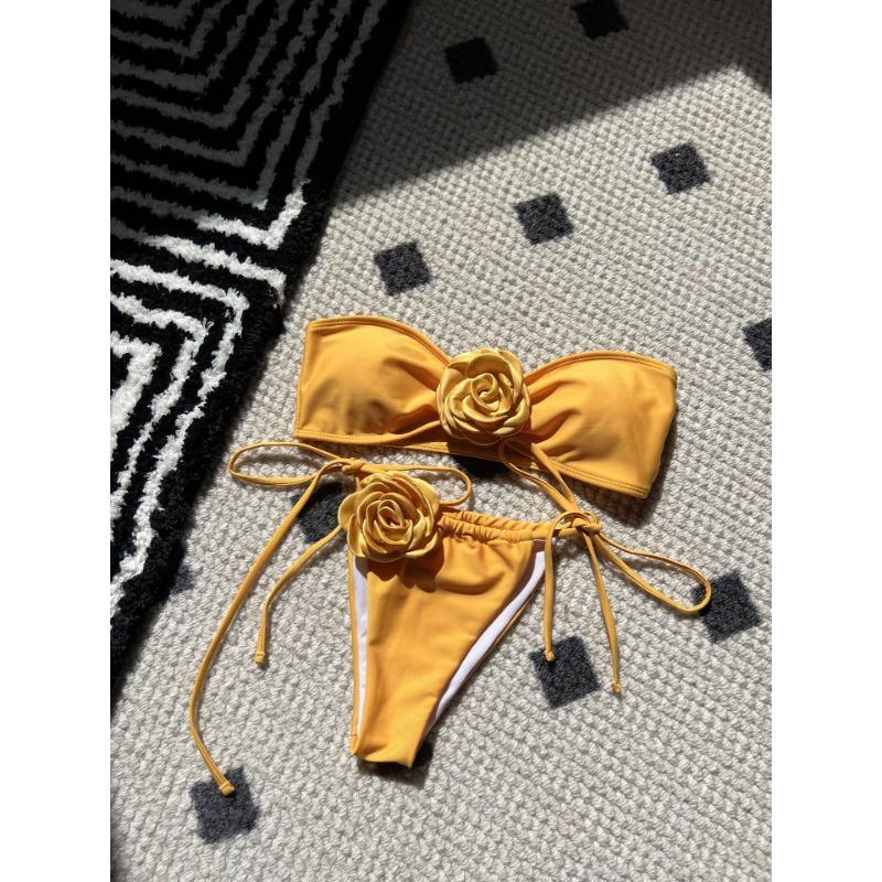 Jednobarevné Rose Tube Top Stahovací popruh Pásek Split Plavky Bikiny