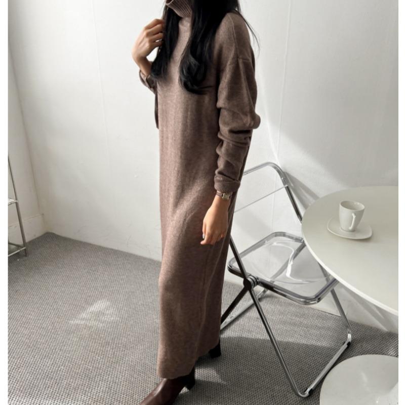 Autumn Long Sleeve Knitted Sweater Dress Women Elegant Winter Fashion Loose Knitwear Dress Female Simple Office Ladies Long Dresses Clothing 1328