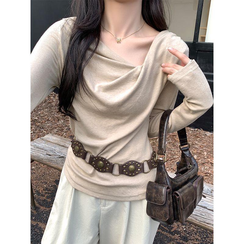 Spring and Autumn Gentle Style Slim Long Sleeve T-Shirt Women's Irregular Twist Slim Top