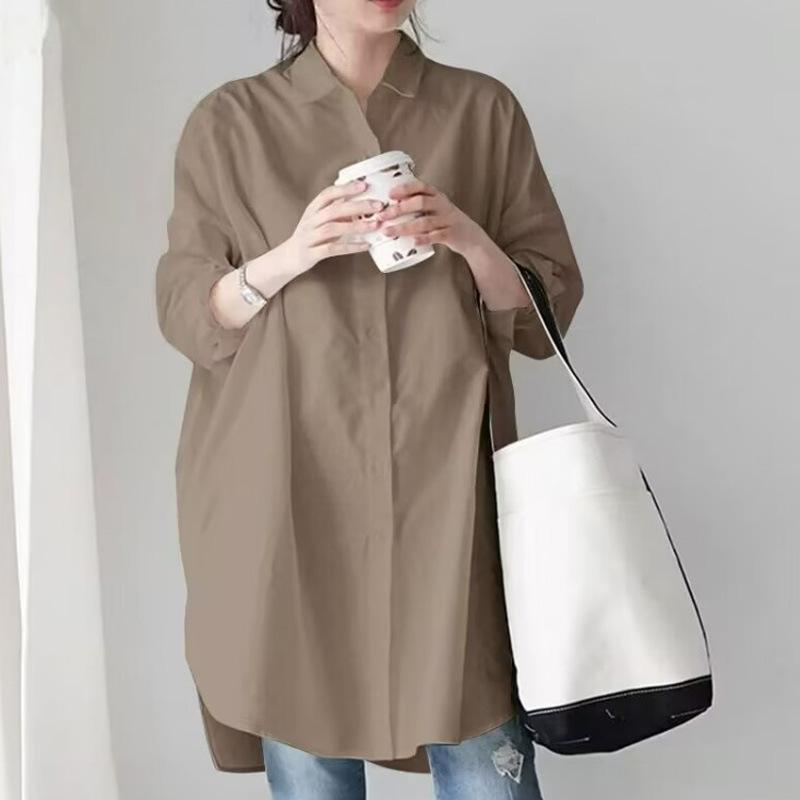 Women's Shirt Single White Long-Sleeve Loose Design Sense Mid-Length Shirt