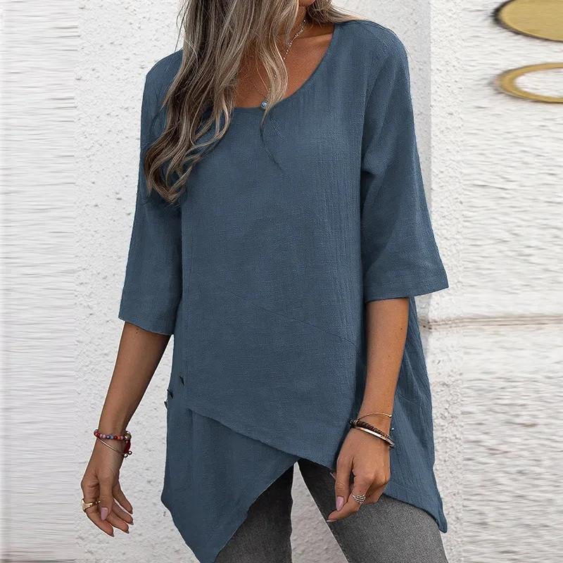 Women s New Round Neck Irregular Shirt Five Quarter Sleeves Fashionable Solid Color Comfortable Versatile Commuting T-shirt S