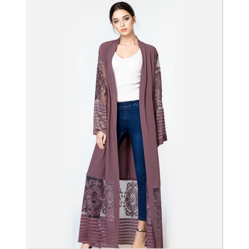 Fashion Women's Embroidered Mesh Cardigan Dubai Robe Dress