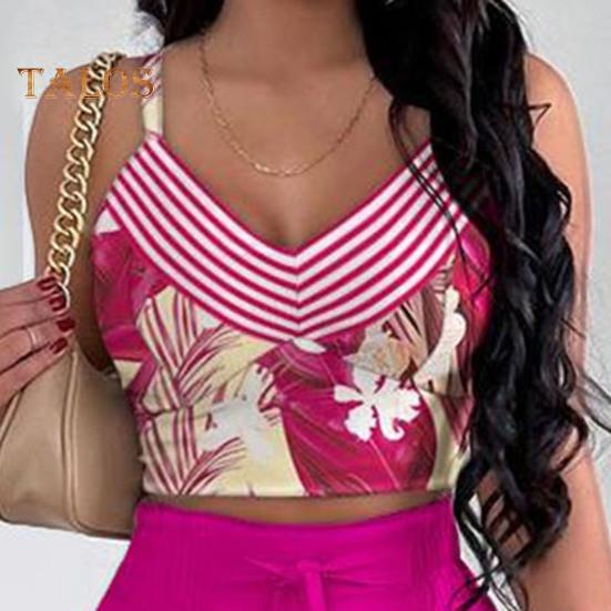 Καλοκαιρινά ρούχα δύο τεμαχίων για γυναίκες, αμάνικο παντελόνι με φαρδιά μπατζάκια και V λαιμόκοψη, καλοκαιρινό, casual, ασορτί κοστούμι με φλοράλ print