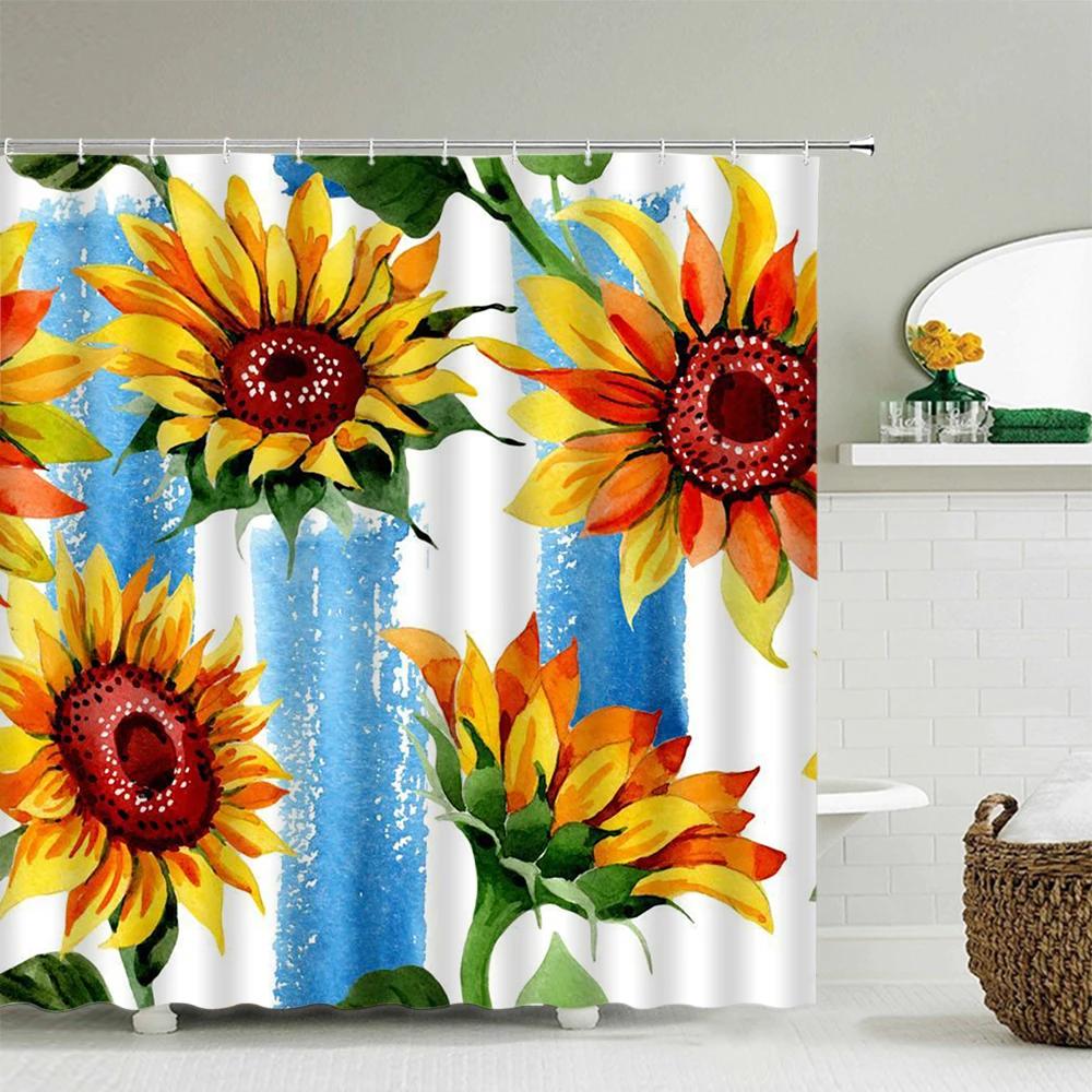 Sunflower Flower Shower Curtain Waterproof Bathroom 3d Printing Polyester Fabric Leaves Plant Shower Curtain With 12 Hooks Set